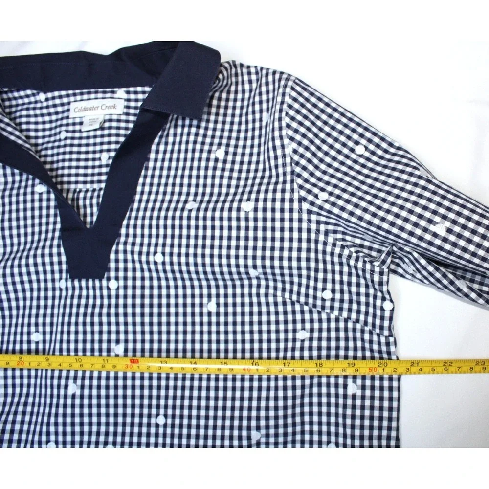 Coldwater Creek Gingham Check Plaid Polka Dot Navy Blue White Tunic Shirt Top PS - Picture 9 of 12